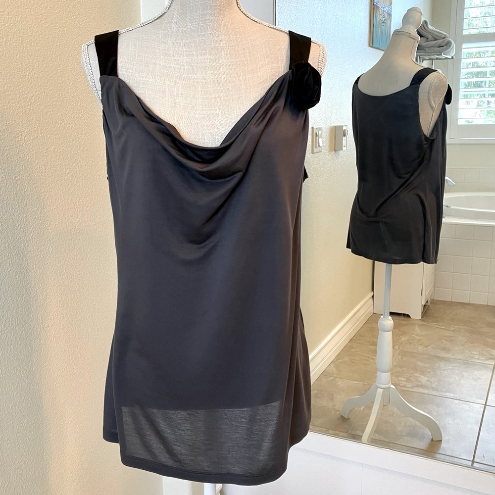 Gray tank top w/ cowl neck and black satin ribbon straps & flower, H&M size XL